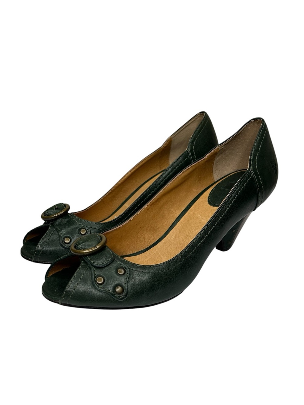 FRYE Maya Peep Toe Leather Heels Shoes 11  Green Peep-Toe Heels Buckle Accent